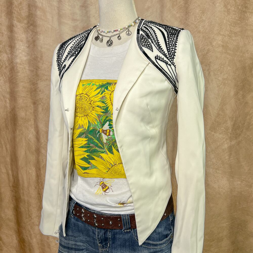 Bebe Bolero Jacket Beaded Spanish Matador Cropped Blazer Black White Tribal Y2K